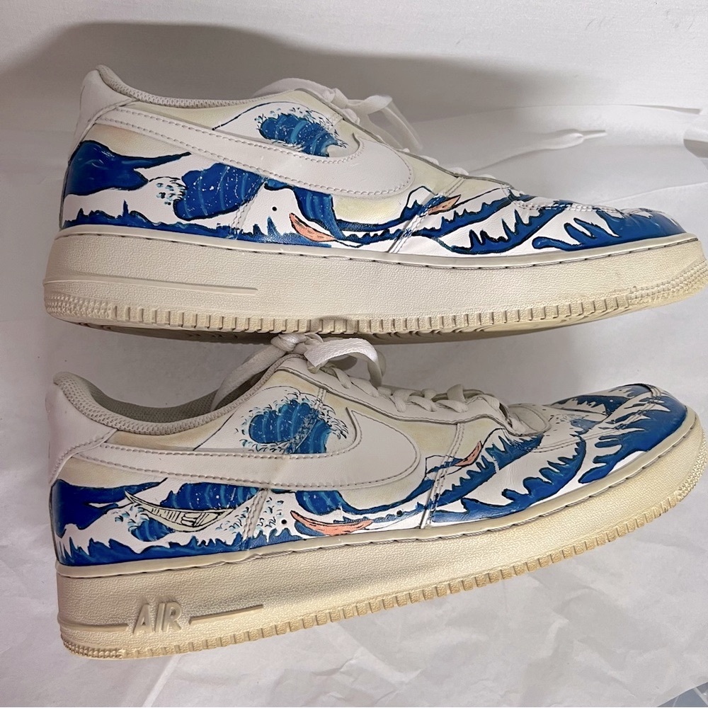 Nike Air White and Blue Ocean Waves Great Wave Custom Drawn Sneakers - Picture 3 of 14